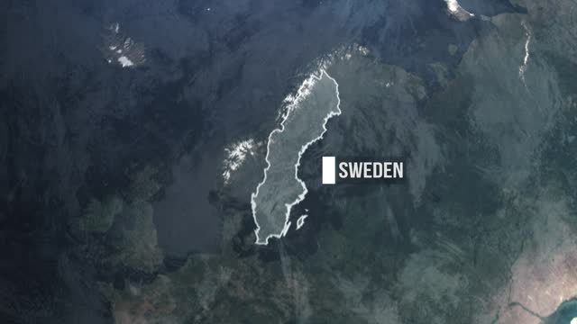 Map of Sweden Highlighted with outline border and label. Start with space and zoom in to Sweden. Globe Earth- Plane Realistic 3D render