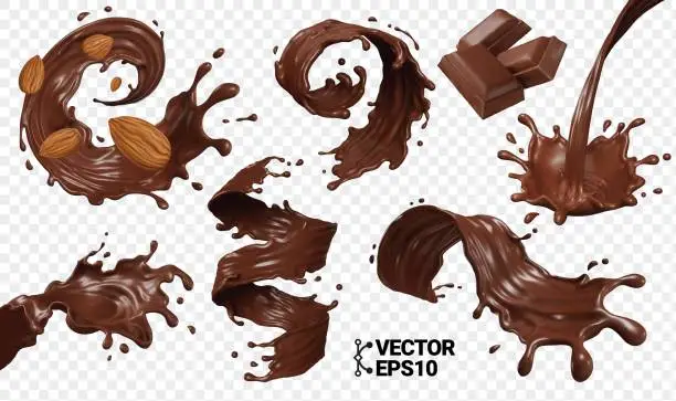 Vector illustration of 3D Chocolate splash isolate realistic vector eps set, pieces of chocolate bar, swirl and drop, wave, falling