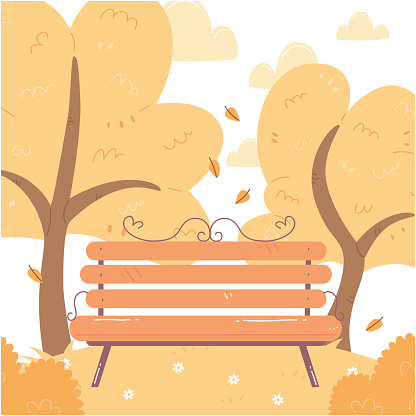 Autumn illustration of a park bench with trees on the background. illustration in cartoon flat style