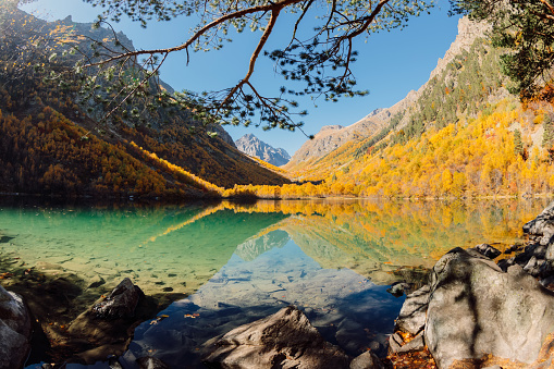 Mountain lake with transparent water and autumnal trees.
