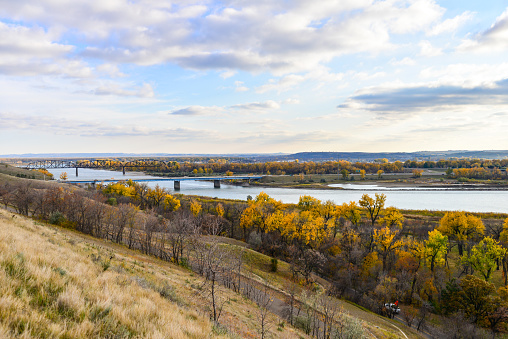 An Edmonton city center with colorful aspen in fall