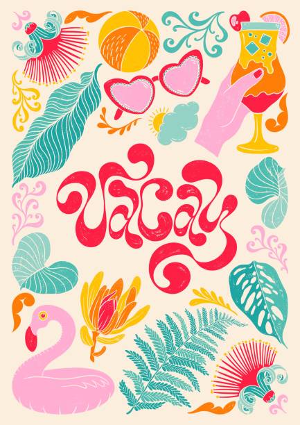 Vacay - trendy liquid hand written lettering quote. Colorful decorative elements, sunglasses, ball, cocktail, flamingo rubber ring, fern, monstera, tropical plants and flowers. Vacay - trendy liquid hand written lettering quote. mermaid retro revival beach old fashioned stock illustrations