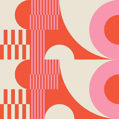 Modern vector abstract  geometric background with circles, rectangles, squares and stripes  in retro Bauhaus style. Pastel colored  
graphic pattern with simple shapes in vintage 70s style.