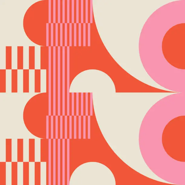 Vector illustration of Modern vector abstract  geometric background with circles, rectangles, squares and stripes  in retro Bauhaus style. Pastel colored