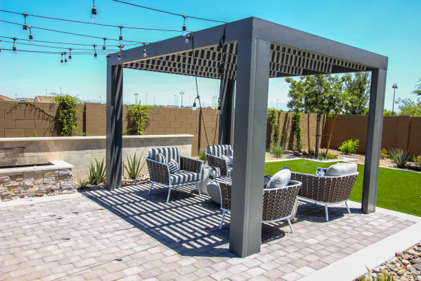 istock Lattice Pergola Covering Four Arm Chairs On Back Patio 1501171941