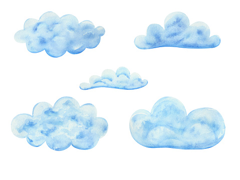 Watercolor clouds in cartoon style. Watercolor illustration on a white background