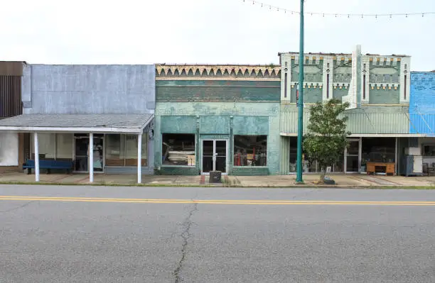 Blue and green abandoned buildings in Fordyce, Arkansas