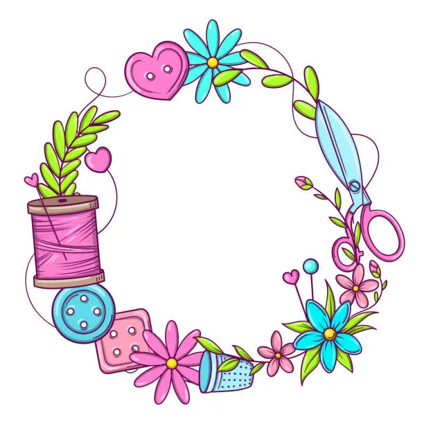 Vector illustration of Circular banner template for handmade, knitting, sewing. Frame with sewing and knitting attributes in doodle style