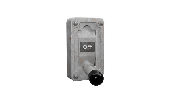 istock Closeup of a rusty lever on a wall with OFF sign industrial and more purpose switch 3d render illustration, with white background. 1501183684