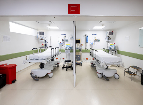Empty ICU rooms at the hospital - healthcare and medicine concepts