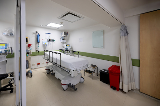 Recovery Room with beds and comfortable medical. Interior of an empty hospital room. Clean and empty room with a bed in the new medical center