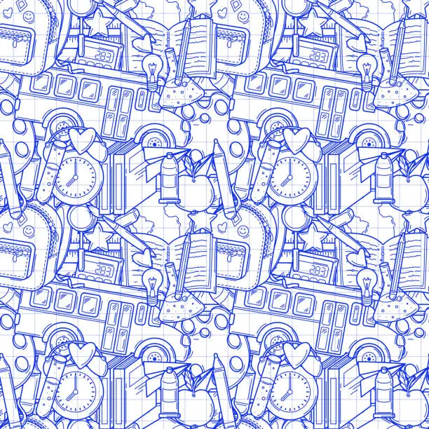 Vector illustration of Seamless pattern with school supplies and creative elements in sketch style on a white checkered background. Back to school background