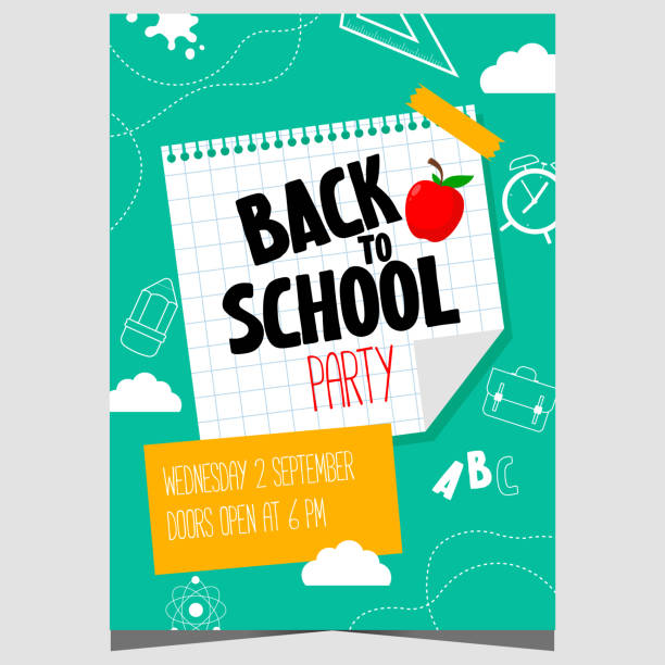 Back to school party invitation poster or banner design. Back to school party invitation poster or banner design. Vector illustration to invite teachers and students to celebrate the start of the new school year, back to their classrooms at their desks. ruler doodle stock illustrations