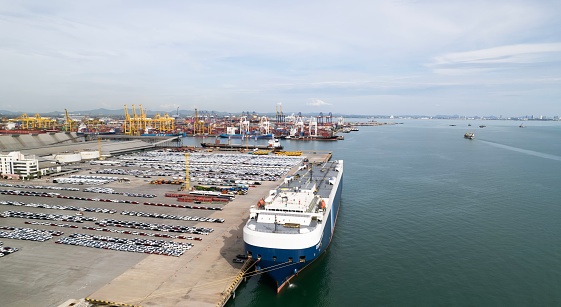 Arena view of the huge ship at international port, Import export logistic concept