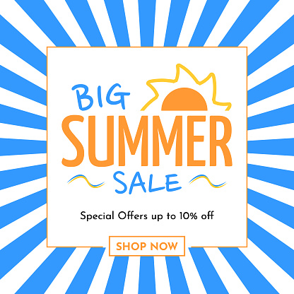 Big Summer Sale Logo in Striped Sunburst Background Blue and White - Special Offers up to 10% off