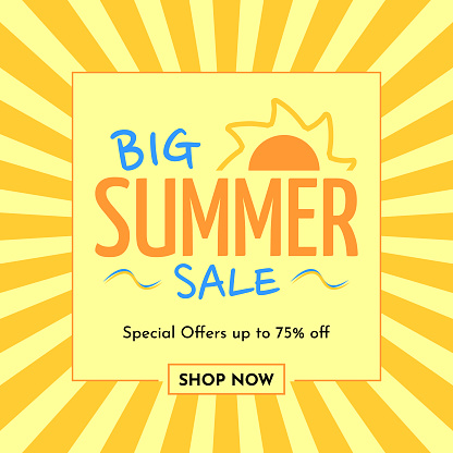 Big Summer Sale Logo in Striped Sunburst Background Yellow - Special Offers up to 75% off