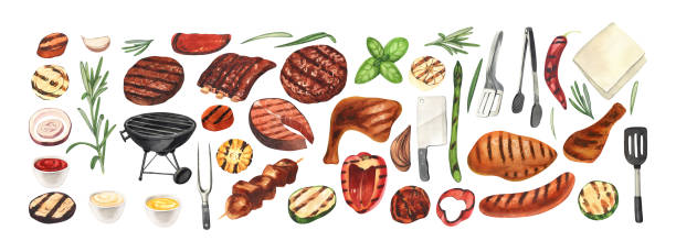 ilustrações, clipart, desenhos animados e ícones de conjunto de elementos de churrasco em aquarela. coleção de equipamentos para cozinhar churrasco - churrasqueira, braseiro, salsichas, peixe, frango e carne. ilustração desenhada à mão isolada no fundo branco. perfeito para menu - sausage grilled isolated single object