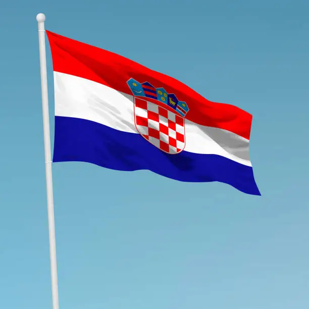 Vector illustration of Waving flag of Croatia on flagpole. Template for independence