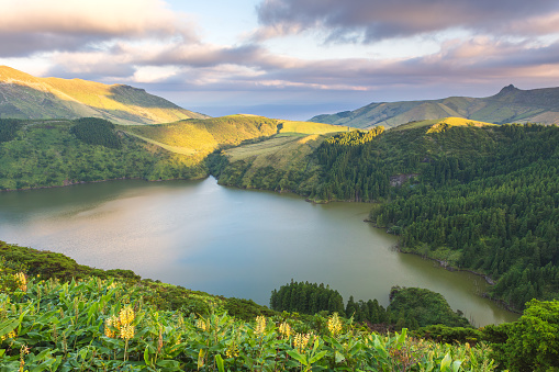 The green paradise in the Atlantic Ocean, crater lake, Flores island, Azores, Portugal.