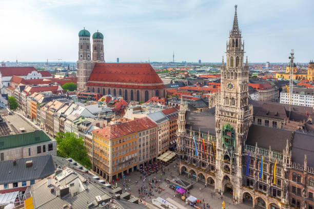 Aerial view of Marienplatz Square and New Town Hall in Munich stock photo