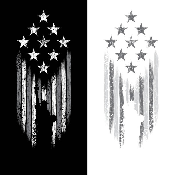 USA Statue of Liberty gray grunge flag Grunge abstract USA flag silhouette with Statue of Liberty isolated on black and white background capitoline hill stock illustrations