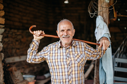 Senior man enjoying retirement days at home looking at camera with a smile