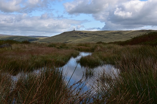 View across marshland to moorland with reflections of the sky