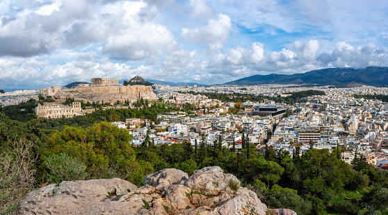 Drone aerial view of  the Acropolis of Athens during golden hour