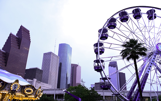 A Feris Wheel in downtown Houston, Texas in the late evening