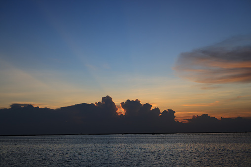 landscape with sea sunset, Beautiful sunset above the sea, Aerial view sunset sky, Nature beautiful Light Sunset or sunrise over the sea, Colorful dramatic majestic scenery Sky with Amazing clouds and waves in sunset sky dark light cloud background