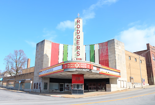 A colorful theater building on a sunny day in Poplar Bluff, Missouri