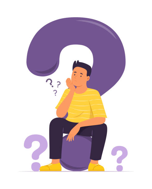 Man Thinking and Sitting on Big Question Mark Concept Illustration Young man thinking and sitting on a big question mark concept illustration groups of teens stock illustrations