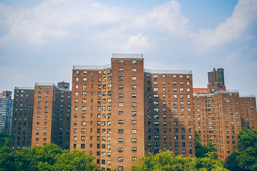 Housing estates rising next to the Brooklyn Bridge, New York City.