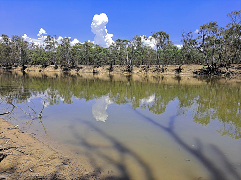 The Murray River and white clouds nearby the township in the Northern Country