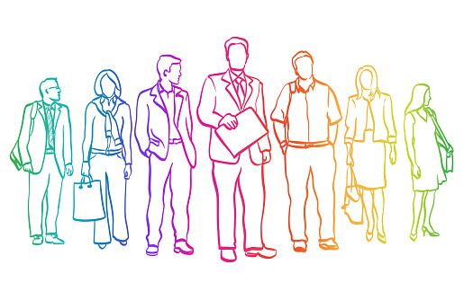 group of men and women in business attire standing and posing as a team for the organization.  Hand drawn sketch in vector format