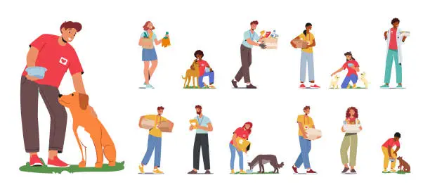 Vector illustration of Set Volunteers With Animals. Compassionate Group Of Characters Helping And Caring For Animals In Need, Offering Support