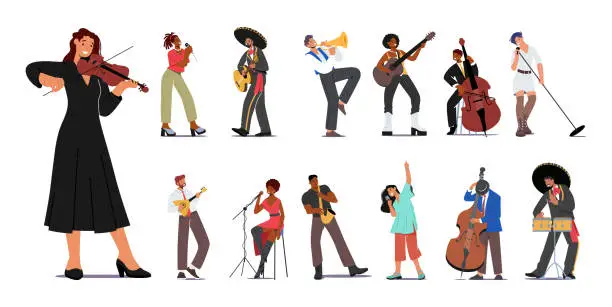 Vector illustration of Set of Male and Female Musicians. People Play Violin, Guitar, Trumpet and Contrabass. Balalaika, Saxophone and Drums
