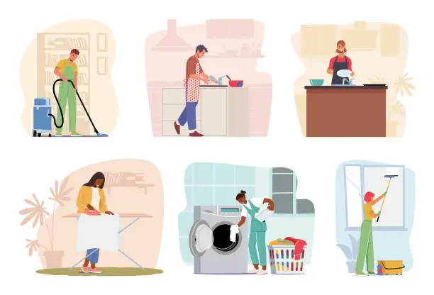 Vector illustration of Set of Characters doing Daily Household Routines. Cleaning, Cooking, Organizing, Laundry, And Maintenance Home