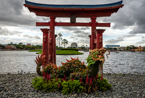 Japanese Structure with EPCOT Ball in the distance at Walt Disney World.