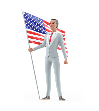 3d patriotic character businessman holding american flag, illustration isolated on white background