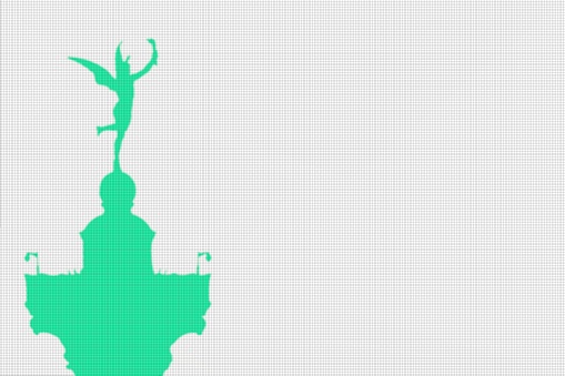 EPS vector silhouette of a winged Mercury holding a torch in an upraised arm, perched on one foot atop a column. Green silhouette on white background with clipping path. Vector illustration