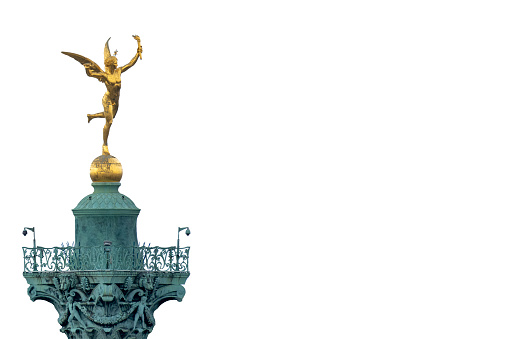 Close up of golden winged Mercury statue atop the Bastille column in Paris, France. Isolated on white with copy space, clipping path. High quality photo