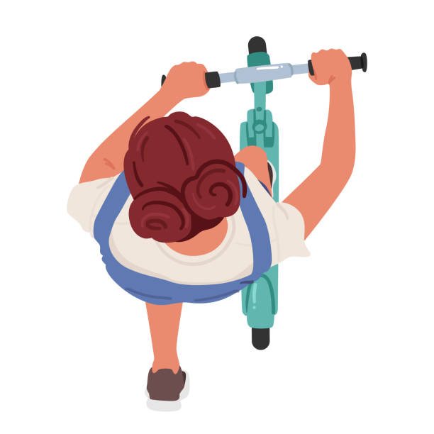 Young Woman Gracefully Glides Along The Street On A Push Scooter, Viewed From Above. Teenage Female Character Young Woman Gracefully Glides Along The Street On A Push Scooter, Viewed From Above. Teenage Female Character with Confident Stride And Stylish Presence. Cartoon People Vector Illustration top view on people walking and cyclists riding stock illustrations