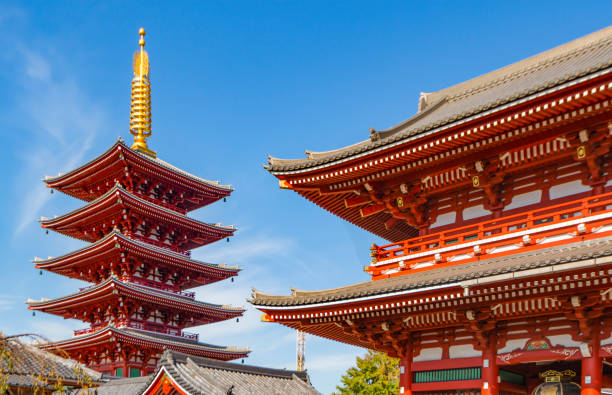 pagode de cinq étages et porte kaminarimon au temple sensoji, asakusa, tokyo, japon - shintoïsme photos et images de collection