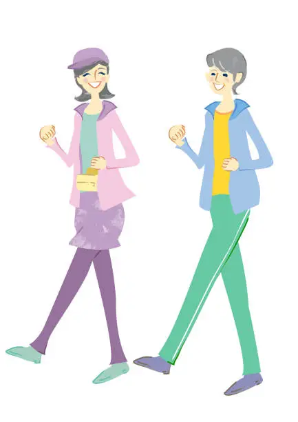 Vector illustration of A smiling senior who enjoys walking Two women