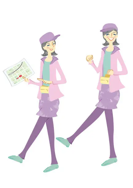 Vector illustration of A smiling senior woman who enjoys walking and walking around town