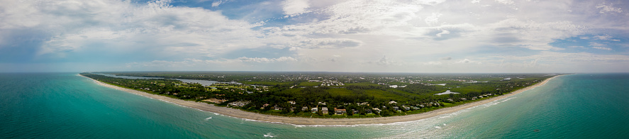 Drone aerial panorama Jupiter Beach Island Florida USA circa 2023