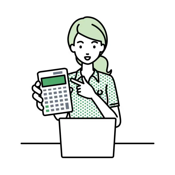 Vector illustration of a woman in polo shirt recommending, proposing, showing estimates and pointing a calculator with a smile in front of laptop pc