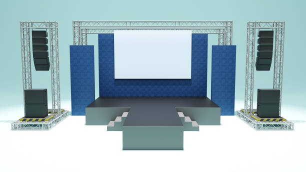 istock 3D rendering of the stage show and truss construction with sound system, blank screen for concert, show, performance, Stage design concept 1501345896