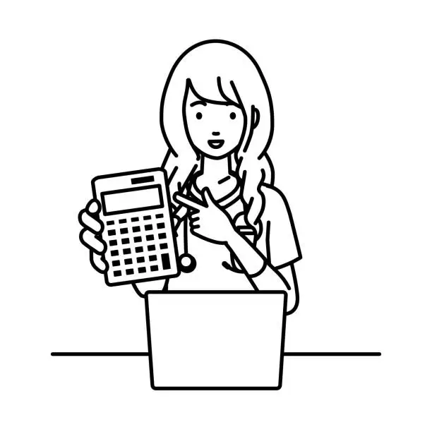 Vector illustration of a nurse woman recommending, proposing, showing estimates and pointing a calculator with a smile in front of laptop pc